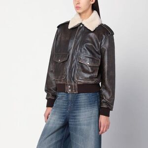 HALFBOY Women's Distressed Leather Aviator Bomber Jacket with Shearling Collar